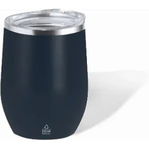 A drink bottle in navy blue with a silver lid and a logo on the base.