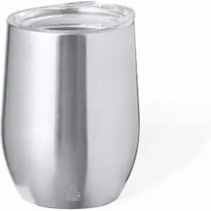 A drink bottle in shiny silver stainless steel with a clear lid, featuring a smooth, curved design.
