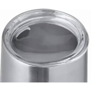 A drink bottle with a silver metallic exterior and a transparent lid revealing a liquid inside. It features a logo.