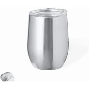 A drink bottle in brushed stainless steel with a clear lid and a separate cap.