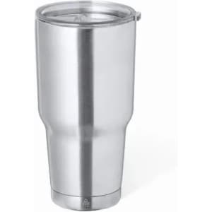 A drink bottle in sleek silver stainless steel with a clear lid and a logo on the base.