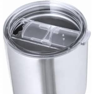 A drink bottle in silver stainless steel with a clear plastic lid featuring a sliding opening mechanism.