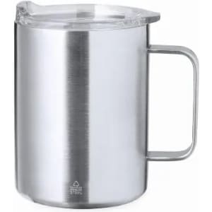 A drink bottle in polished stainless steel with a clear lid and a sturdy handle. It features a logo on the base.