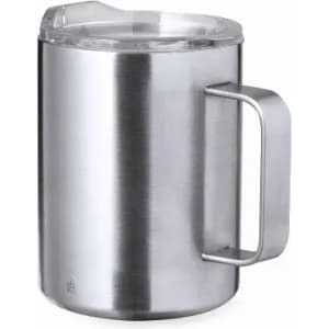 A drink bottle made of stainless steel with a clear lid and a sturdy handle.