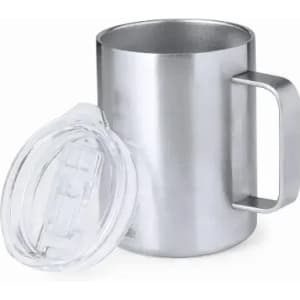 A drink bottle in stainless steel with a clear lid, featuring a sturdy handle.