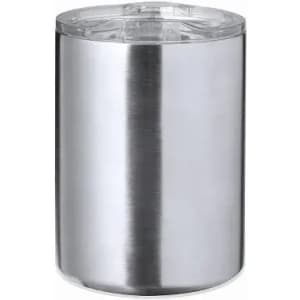 A drink bottle with a sleek silver stainless steel body and a clear plastic lid. It features a smooth, brushed finish.