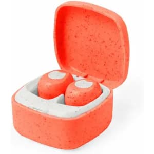 A pair of wireless earbuds in an orange case with a light grey interior, partially open to reveal the earbuds inside.