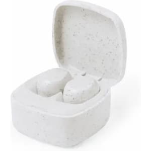 A small white earbud case with a speckled texture, containing two earbuds inside. It has a hinged lid.