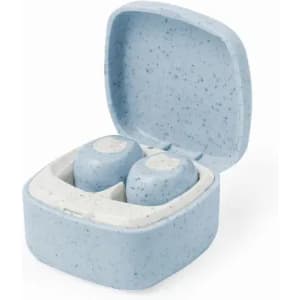 A light blue earbud case is open, revealing two matching earbuds inside. The case has a speckled texture and includes a logo.