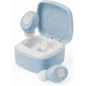 A set of light blue wireless earbuds in a matching case, featuring a speckled design. The case is slightly open.