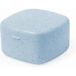 A square, light blue storage container with a lid, featuring a speckled design and a smooth surface.
