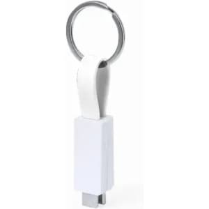 A keyring with a white USB connector and a metal ring for attachment.