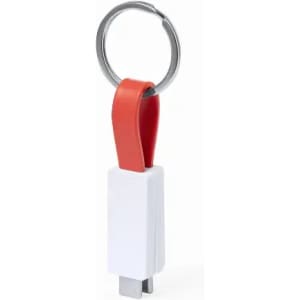 A keychain with a white and red design, featuring a USB connector at one end. It has a metal ring for attaching.
