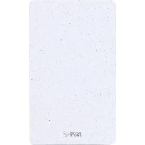 A stone product in a rectangular shape, featuring a natural light grey colour with a speckled texture and a logo.