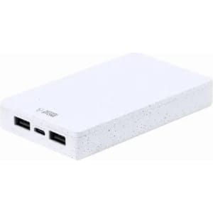 A portable power bank in white speckled design with multiple USB ports for charging devices.