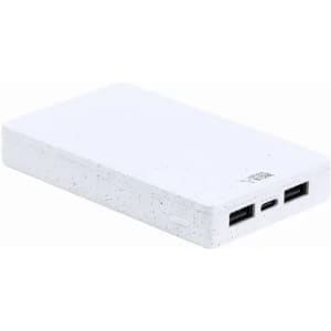 A portable power bank in white with a textured surface and two USB ports. It has a branded logo on it.