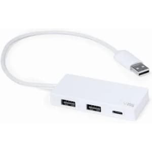 A USB hub in white with three USB ports and one USB-C port, connected by a short cable.