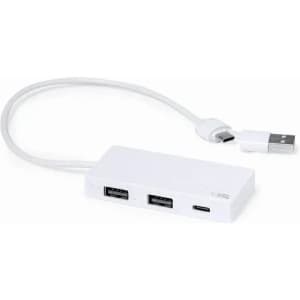 A USB hub with two standard USB ports and one USB-C port, featuring a white cable and a compact design.