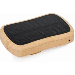 A wooden phone charger with a black top and a smooth design, featuring a logo on the surface.