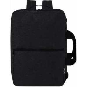 A black backpack with two shoulder straps and a front pocket, featuring a minimalist design.