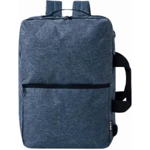 A backpack in dark blue fabric with two shoulder straps and a front zip pocket. It features a side handle and branding.