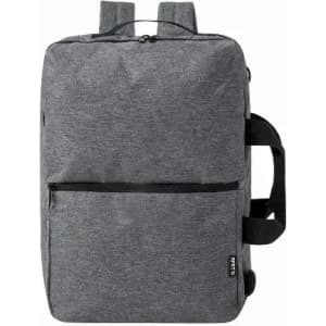 A grey backpack with two shoulder straps and a front zip pocket, featuring a side handle for carrying.
