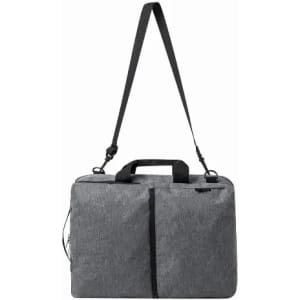 A grey messenger bag with a detachable shoulder strap and two front zippered pockets. It includes a handle at the top.