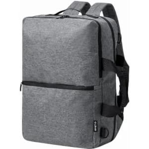 A grey backpack with a minimalist design, featuring padded straps and multiple zippered compartments.