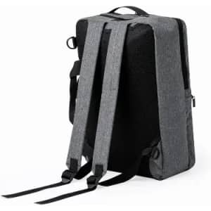 A grey backpack with padded straps and a sleek design, featuring a textured back panel and adjustable straps.