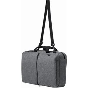 A grey shoulder bag with a black adjustable strap and dual zip closures. It features a sleek, simple design.