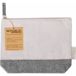 A fabric pouch in pink and grey, made from recycled cotton, featuring a tag with information about the material.