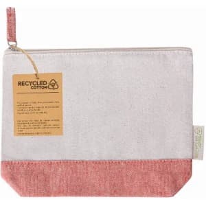 A small pouch made of recycled cotton in white and coral, featuring a zipper and a tag.