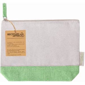 A recycled cotton pouch with a natural grey body and a green bottom. It has a zip closure and a tag.