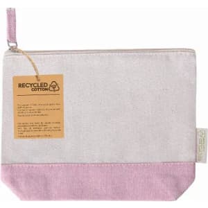 A reusable pouch made of recycled cotton, featuring a cream upper section and a pink lower section. It has a zip closure.