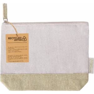 A zipped pouch made from recycled cotton featuring a light-coloured top and a beige bottom. It has a tag attached.