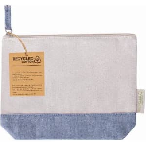 A pouch made from recycled cotton, featuring a cream upper and denim blue bottom, with a zip closure and a tag.