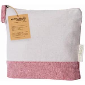 A small pouch made of recycled cotton, featuring a white body with a pink textured bottom and a zipper closure.