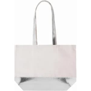A tote bag featuring a soft pink upper and a shiny silver bottom, with two long handles.