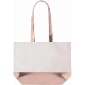 A tote bag in white with a shiny rose gold bottom and matching handles. It has a simple design and branding.