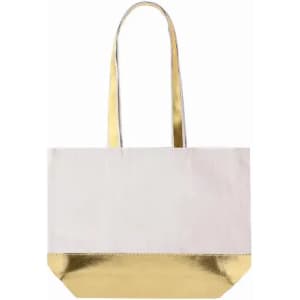 A tote bag featuring a white fabric body with a gold metallic bottom and shiny gold straps.