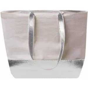 A tote bag in light grey with a shiny silver base and silver handles, featuring a simple design.