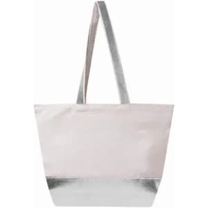 A tote bag featuring a light pink upper section and a shiny silver lower section, with shoulder-length straps.
