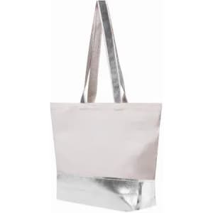 A tote bag in light pink with a shiny silver bottom and matching straps, featuring a simple design.