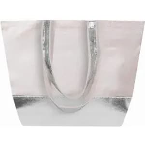 A tote bag in a soft pink and silver colour scheme with two handles and a metallic base.