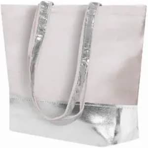 A tote bag featuring a pink fabric body with shiny silver accents and shoulder straps.