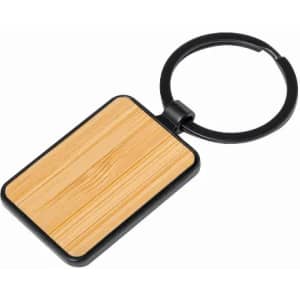 A rectangular keyring with a wooden textured surface and a black metal ring.