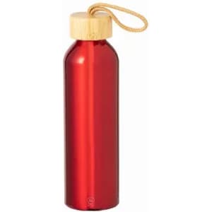 A drink bottle in vibrant red with a wooden cap and a rope handle. It features a logo on the body.