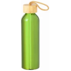 A green drink bottle with a bamboo cap and a rope attachment. Features a sleek, modern design.
