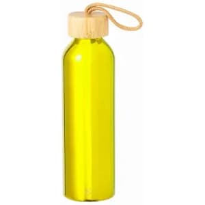 A drink bottle in bright yellow with a wooden lid and a tan strap for carrying.