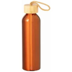 A drink bottle in a copper finish with a bamboo cap and a rope attachment. It has a logo on the side.